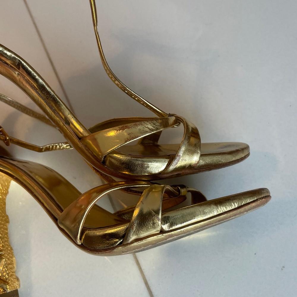 Gold Strappy High-Heel Sandals with Decorative Heel - Picture 3 of 8